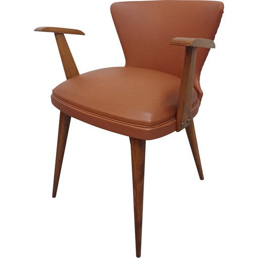 Vintage bridge armchair in solid beech and imitation leather, 1950