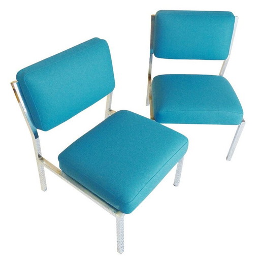 Pair of low chairs in metal and blue wool - 1980s