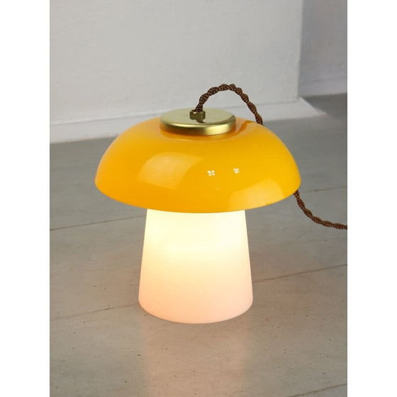 Image 1 of Mid-century yellow glass and brass Mushroom table lamp