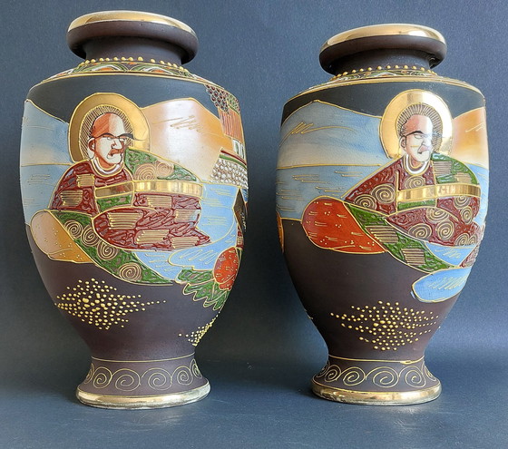 Image 1 of 2x Japanese handmade ceramic Satsuma vases