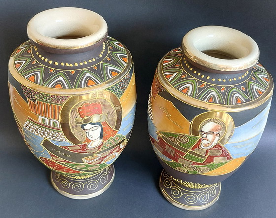 Image 1 of 2x Japanese handmade ceramic Satsuma vases