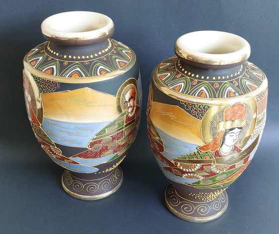 Image 1 of 2x Japanese handmade ceramic Satsuma vases