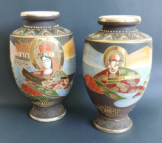 Image 1 of 2x Japanese handmade ceramic Satsuma vases