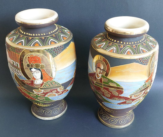 Image 1 of 2x Japanese handmade ceramic Satsuma vases