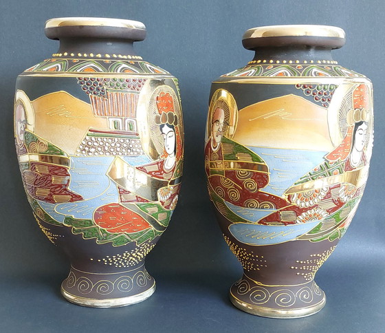 Image 1 of 2x Japanese handmade ceramic Satsuma vases