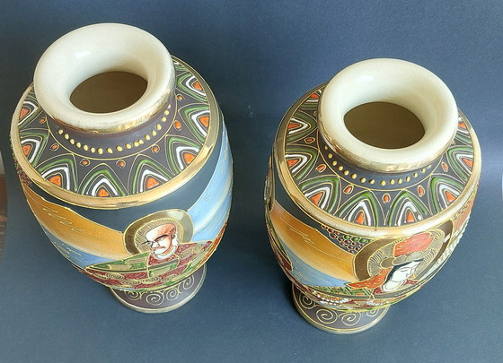 Image 1 of 2x Japanese handmade ceramic Satsuma vases