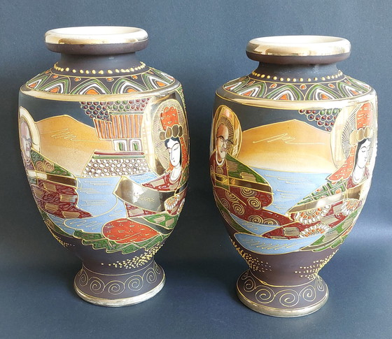 Image 1 of 2x Japanese handmade ceramic Satsuma vases