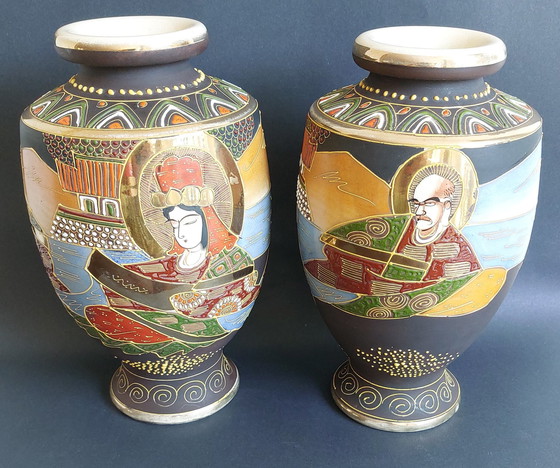 Image 1 of 2x Japanese handmade ceramic Satsuma vases