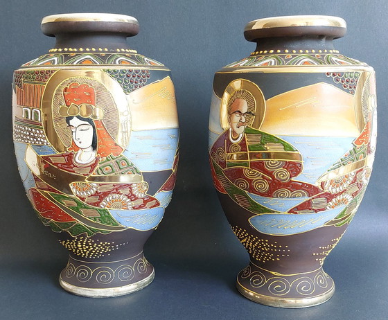 Image 1 of 2x Japanese handmade ceramic Satsuma vases