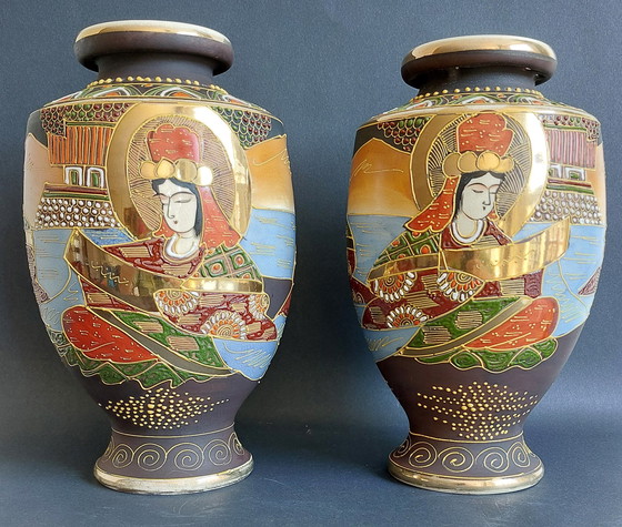 Image 1 of 2x Japanese handmade ceramic Satsuma vases