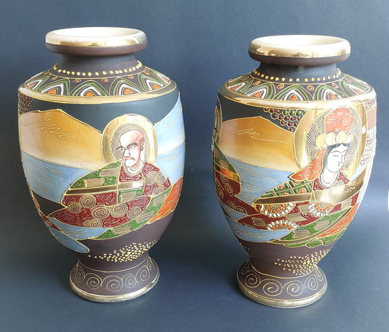 Image 1 of 2x Japanese handmade ceramic Satsuma vases