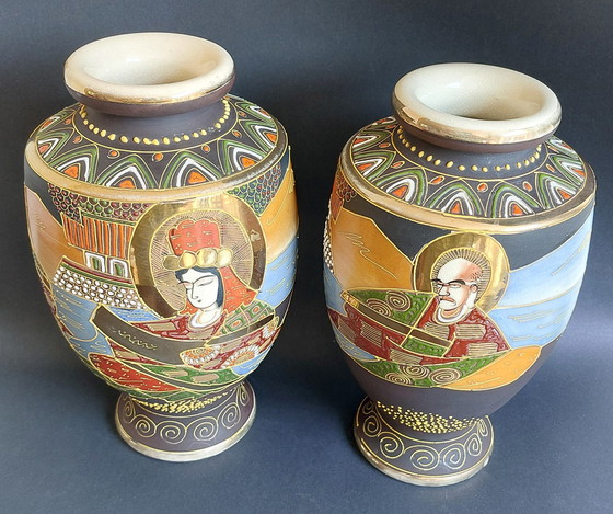 Image 1 of 2x Japanese handmade ceramic Satsuma vases