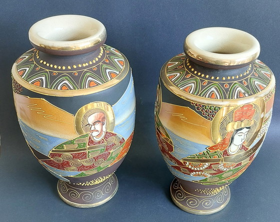 Image 1 of 2x Japanese handmade ceramic Satsuma vases