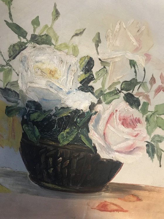 Image 1 of Oil On Canvas "Corbeille De Roses" (Rose Basket)