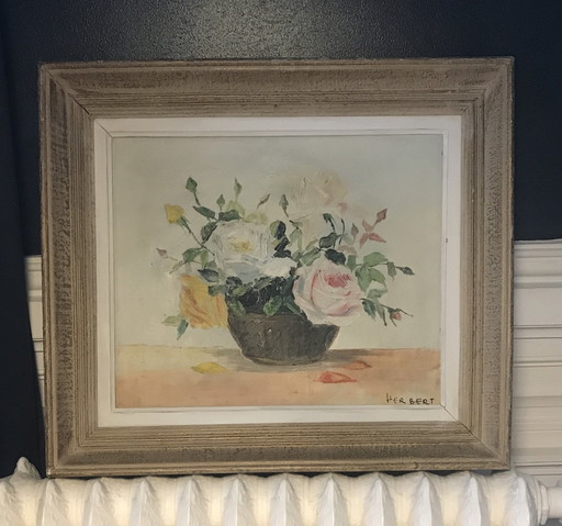 Oil On Canvas "Corbeille De Roses" (Rose Basket)