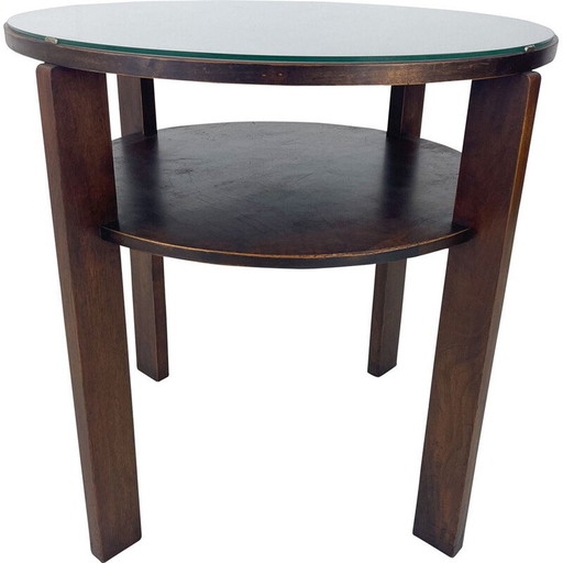 Vintage round coffee table in wood and glass, Czechoslovakia 1940s