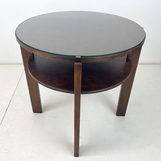 Image 1 of Vintage round coffee table in wood and glass, Czechoslovakia 1940s