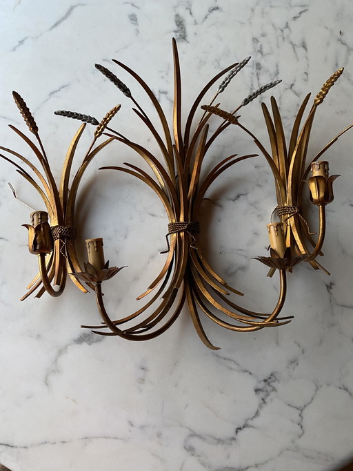 Hollywood Recency Hans Kogl Wall Lights Gold Wheatwood