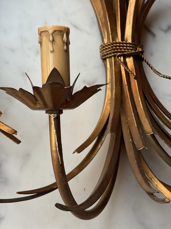 Image 1 of Hollywood Recency Hans Kogl Wall Lights Gold Wheatwood