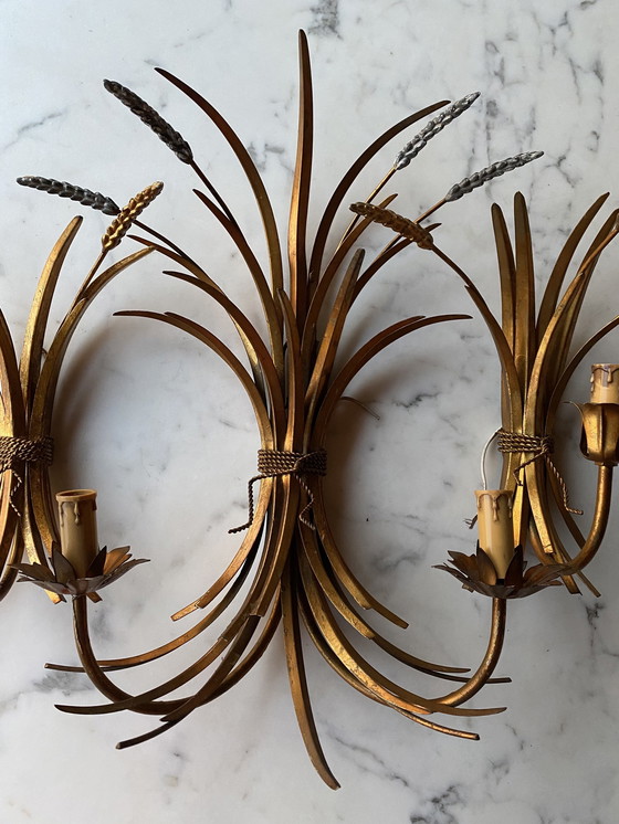 Image 1 of Hollywood Recency Hans Kogl Wall Lights Gold Wheatwood