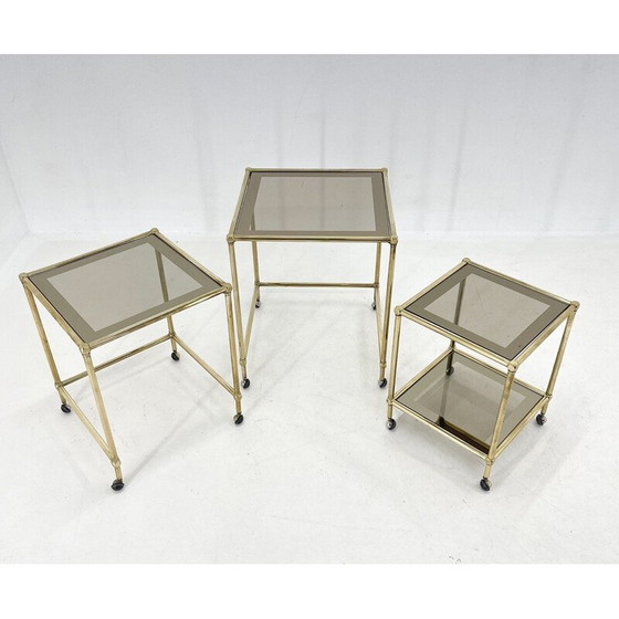 Image 1 of Tavolini impilabili in ottone e vetro fumé, vintage italiano, anni '70