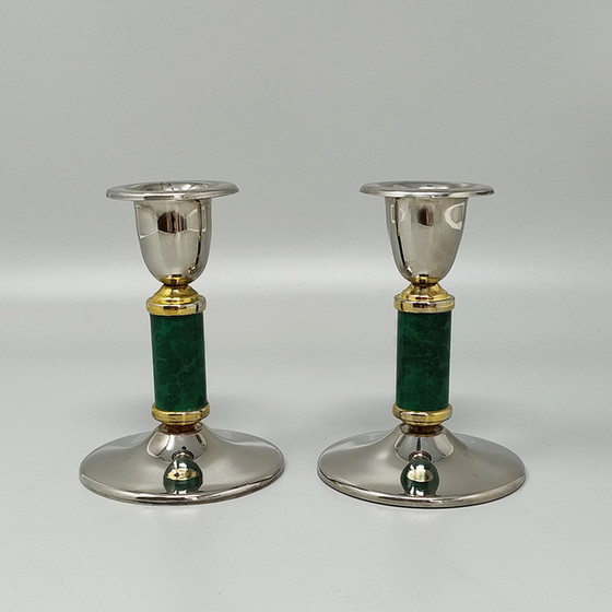 Image 1 of 1960s Gorgeous Pair of Green Candle Holders. Made in France