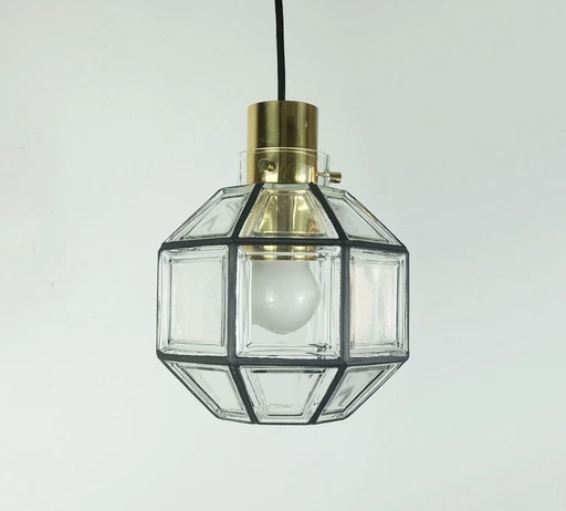 glashuette limburg PENDANT LAMP clear glass shade and brass 1960s 70s  