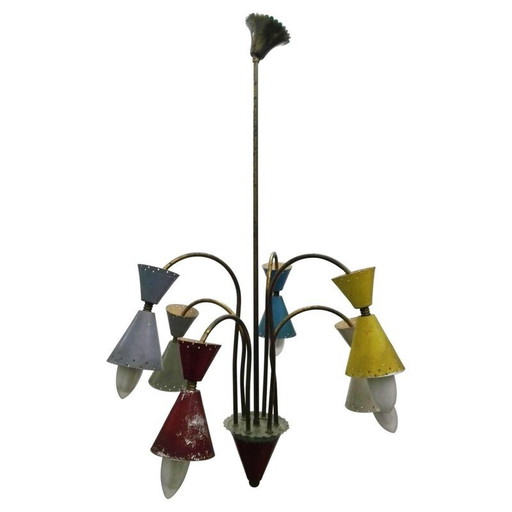 Six-light vintage brass and aluminum chandelier by Stilnovo, 1950