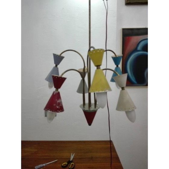 Image 1 of Six-light vintage brass and aluminum chandelier by Stilnovo, 1950
