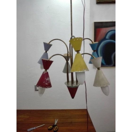 Image 1 of Six-light vintage brass and aluminum chandelier by Stilnovo, 1950