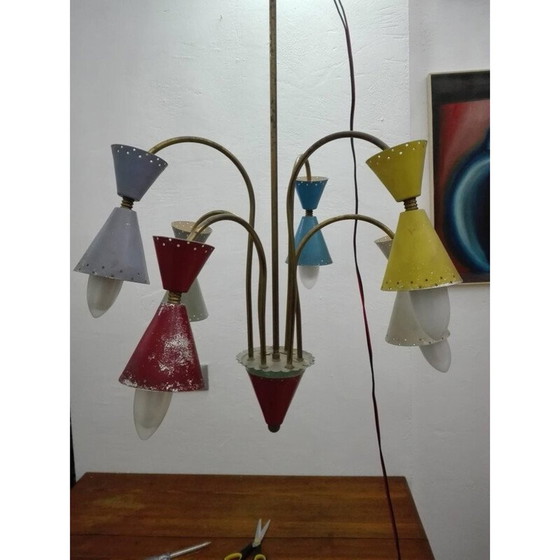 Image 1 of Six-light vintage brass and aluminum chandelier by Stilnovo, 1950