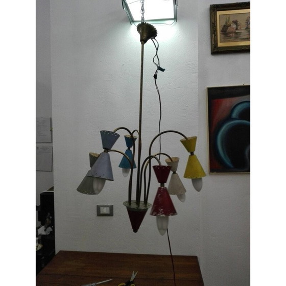 Image 1 of Six-light vintage brass and aluminum chandelier by Stilnovo, 1950