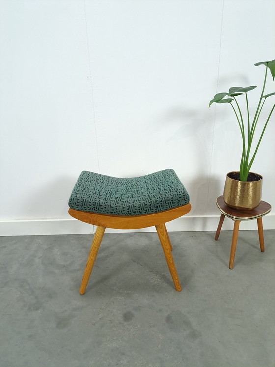 Image 1 of Wooden stool with green cushion no.1, footstool