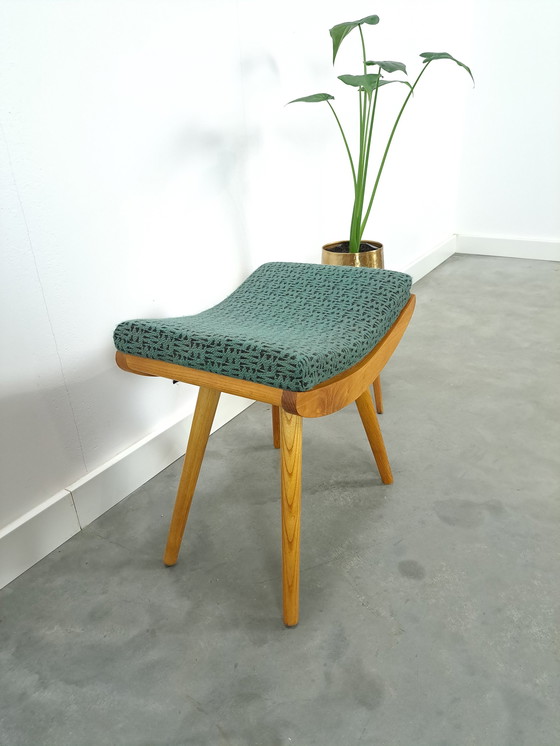 Image 1 of Wooden stool with green cushion no.1, footstool