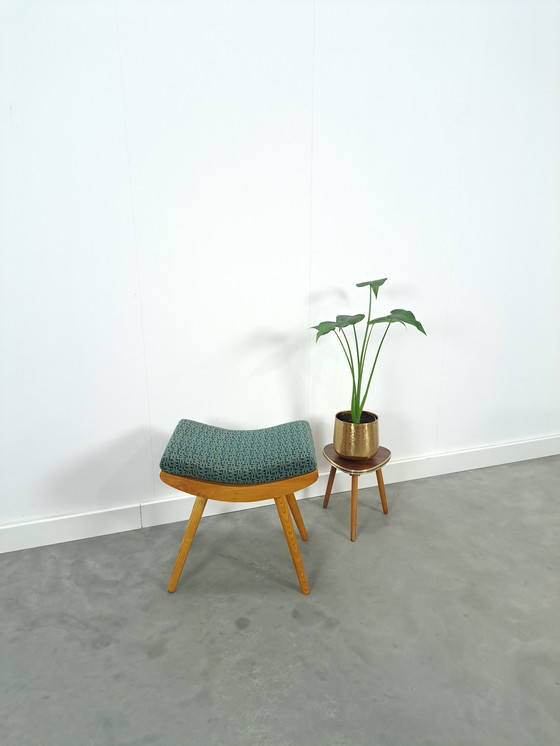 Image 1 of Wooden stool with green cushion no.1, footstool