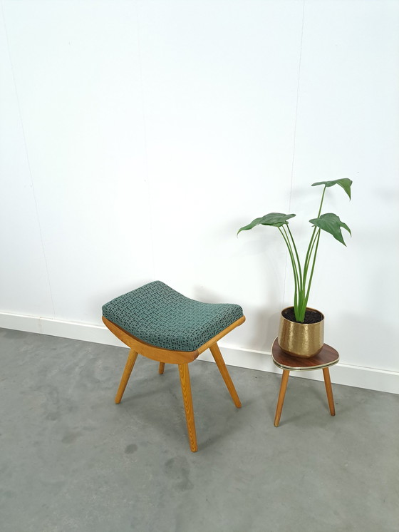 Image 1 of Wooden stool with green cushion no.1, footstool