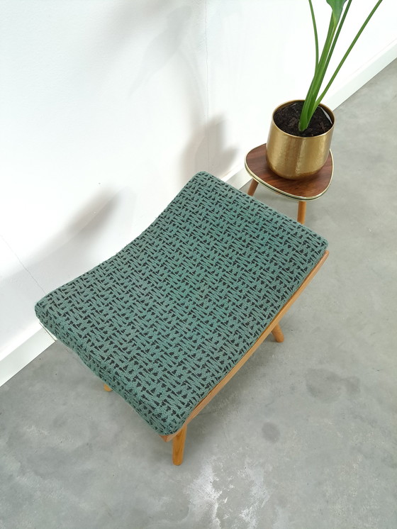 Image 1 of Wooden stool with green cushion no.1, footstool