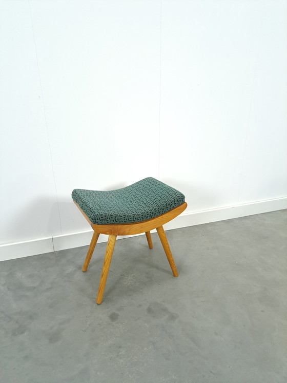 Image 1 of Wooden stool with green cushion no.1, footstool