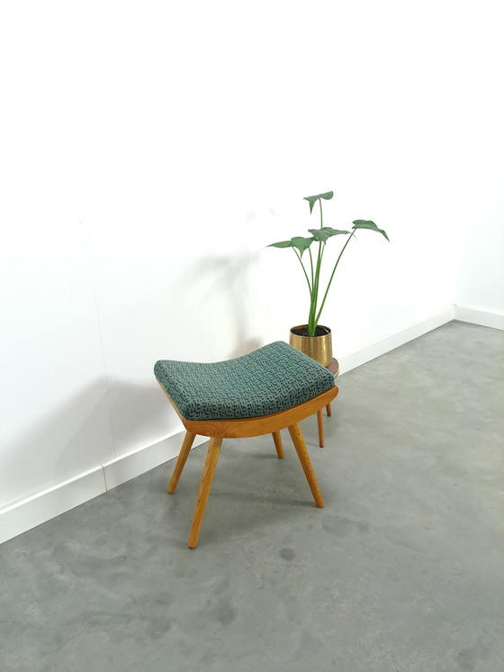 Image 1 of Wooden stool with green cushion no.1, footstool