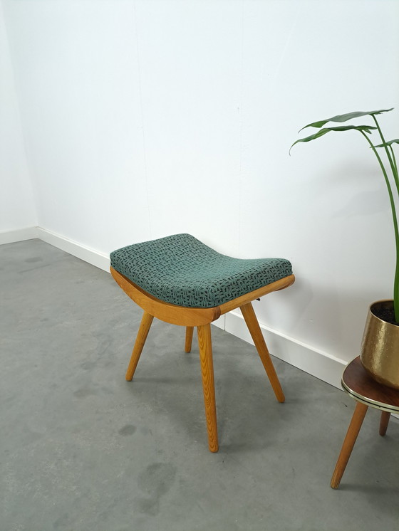 Image 1 of Wooden stool with green cushion no.1, footstool