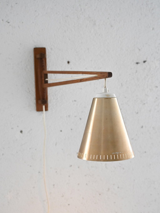 1960S Danish Teak Wall Sconce With Adjustable Arm And Metal Shade