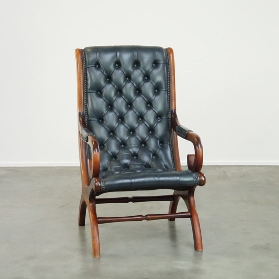 Image 1 of Dark Blue Chesterfield Armchair Made Of Beef Leather And Combined With Wood