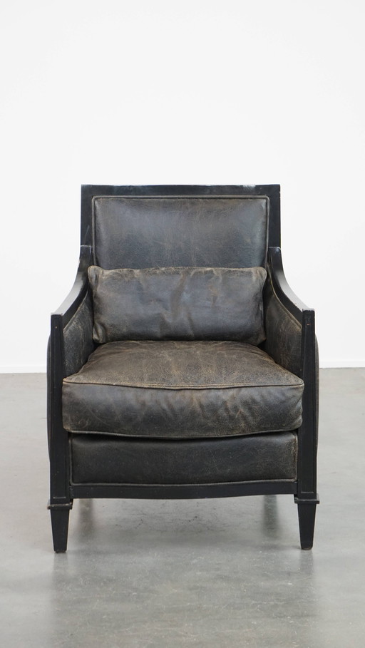 Black Art Deco Design Beef Leather And Wood Armchair