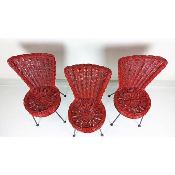 Image 1 of Set of 3 vintage woven rattan and metal chairs, 1950