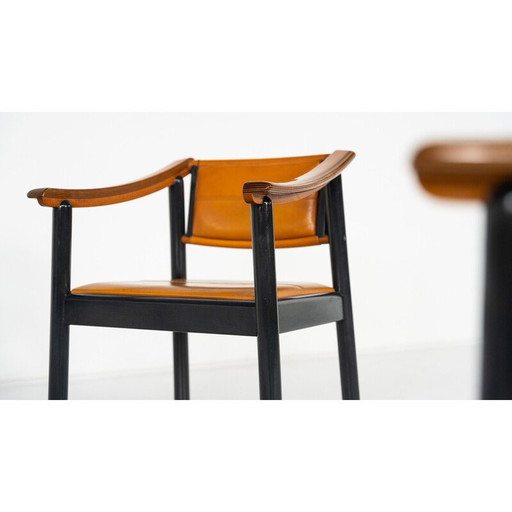 Set of 4 vintage armchairs in wood and leather, Italy 1960