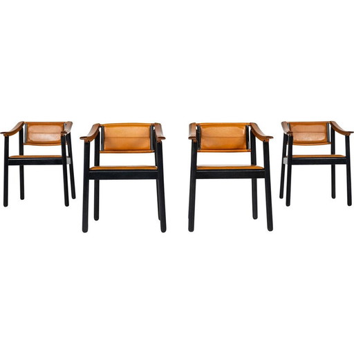 Set of 4 vintage armchairs in wood and leather, Italy 1960