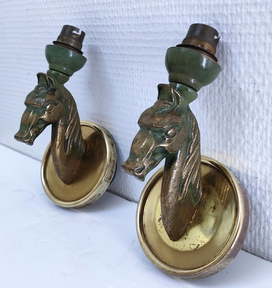 Image 1 of Pair of Bronze Antique Horse Wall Lights