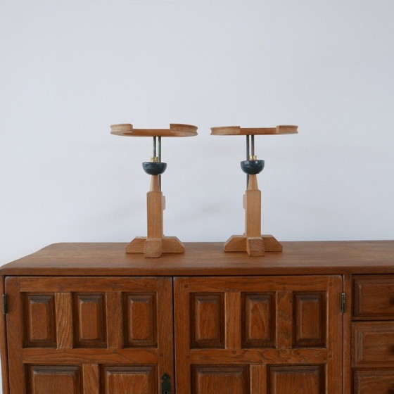 Image 1 of Vintage oak and ceramic table lamps by Guillerme et Chambron, France 1960