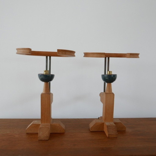 Vintage oak and ceramic table lamps by Guillerme et Chambron, France 1960