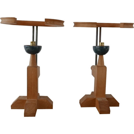 Image 1 of Vintage oak and ceramic table lamps by Guillerme et Chambron, France 1960